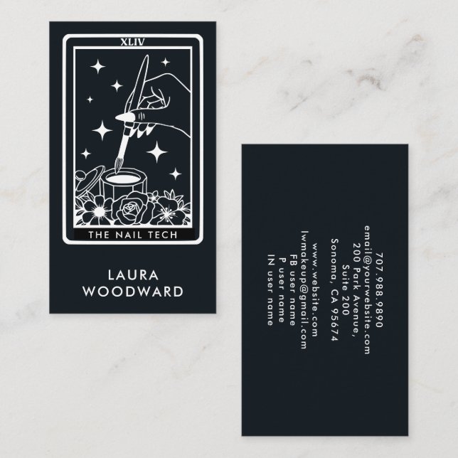 Nail Tech Tarot Card Theme White On Black (Front/Back)