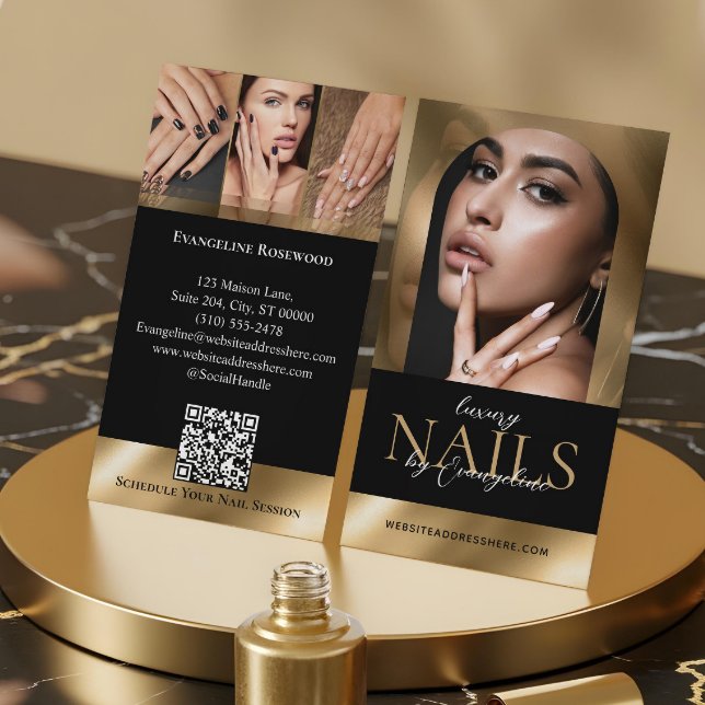 Nail Technician Artist Salon Arch Photo Black Gold Business Card (Nail Technician Artist Salon Arch Photo Black Gold Business Card)