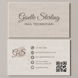 Nail Technician Beige Linen Modern Elegant QR Code Business Card