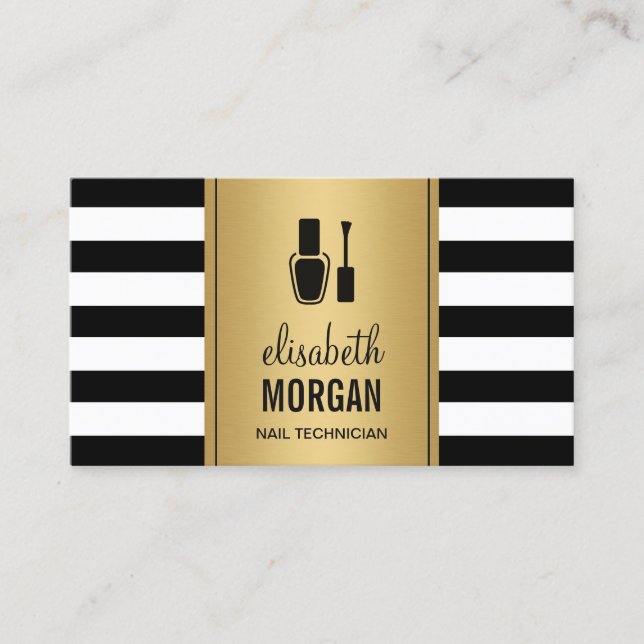 NAIL TECHNICIAN Black Gold Stripes Appointment Card (Front)
