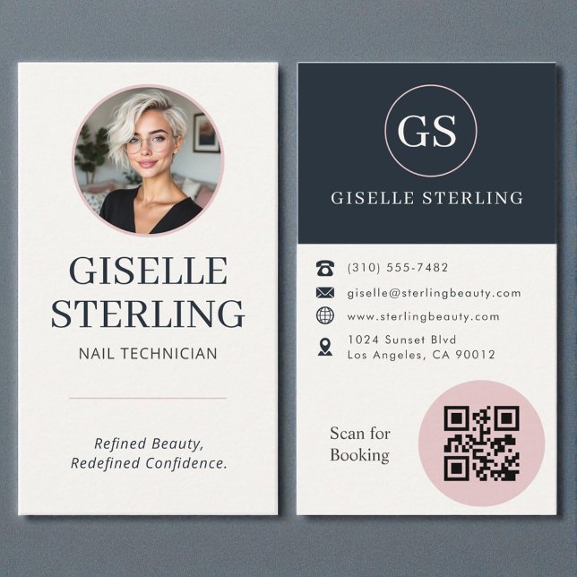 Nail Technician Blush & Navy Photo QR Code  Business Card (Creator Uploaded)