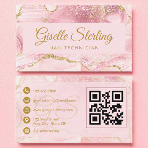 Nail Technician Blush Pink Gold Agate QR Code Business Card