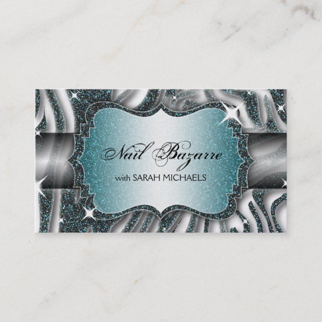 Nail Technician Business Card Zebra Print Glitter (Front)