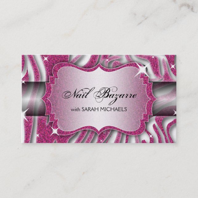 Nail Technician Business Card Zebra Print Glitter (Front)