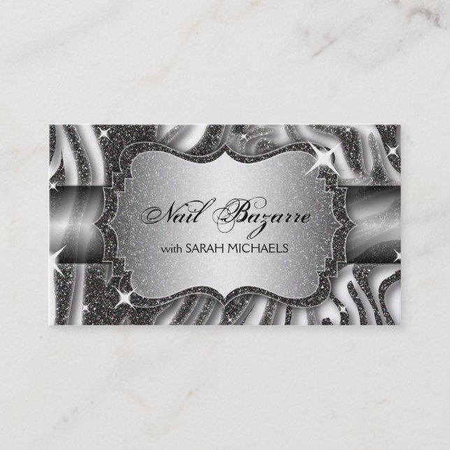 Nail Technician Business Card Zebra Print Glitter (Front)