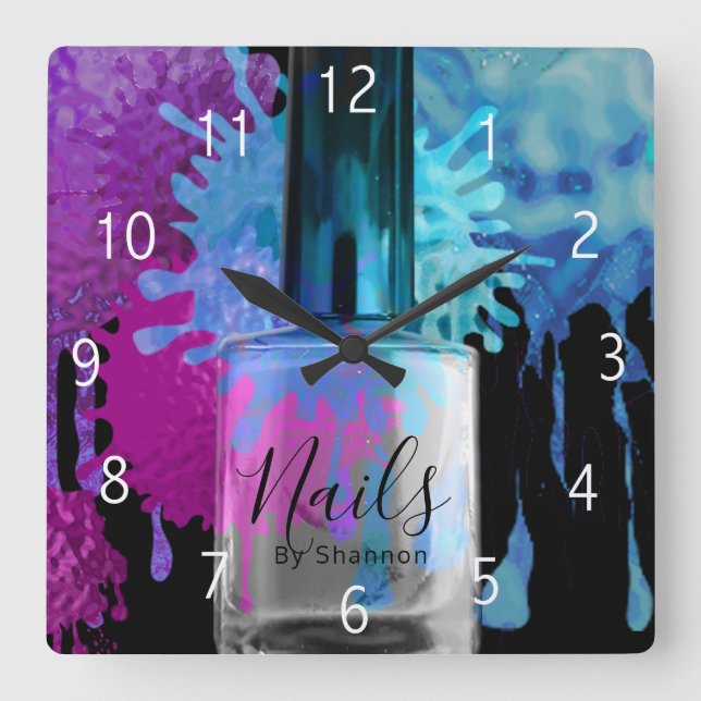 Nail Technician Colourful Splatter Design Square Wall Clock (Front)