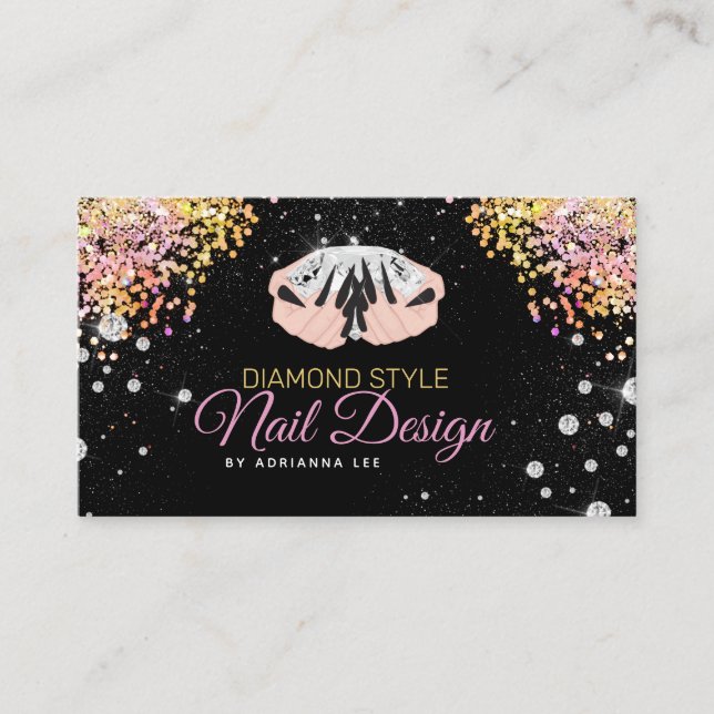 Nail Technician Diamond Glitter Logo Nail Shop Bus Business Card (Front)