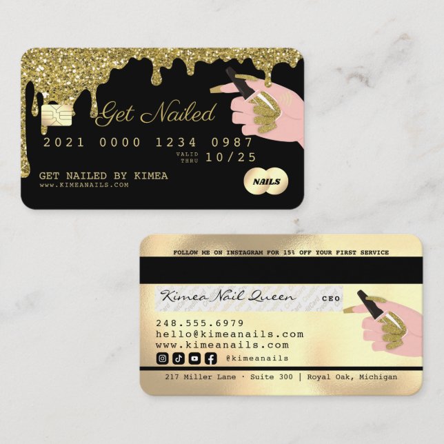 Nail Technician Dripping Gold Glitter Credit Style Business Card (Front/Back)