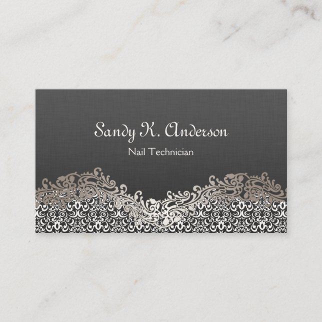Nail Technician - Elegant Damask Lace Business Card (Front)