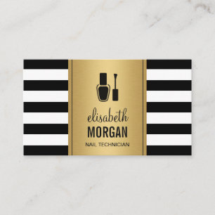 NAIL TECHNICIAN Elegant Gold Black White Stripes Business Card