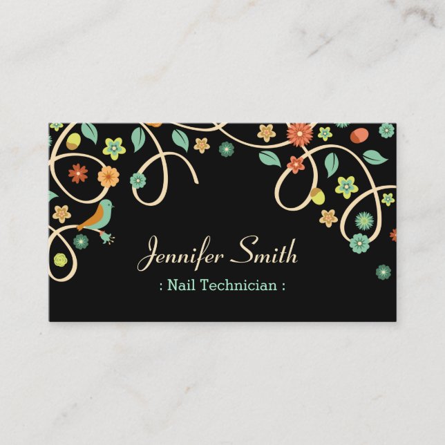 Nail Technician - Elegant Swirl Floral Business Card (Front)