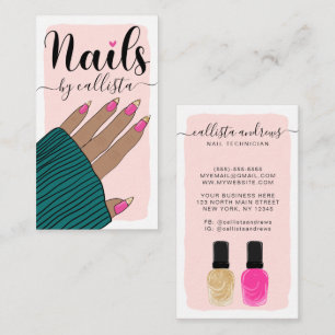 Nail Technician Girly Pink Gold Hand Illustration  Business Card