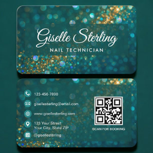 Nail Technician Green Gold QR Code Professional Business Card