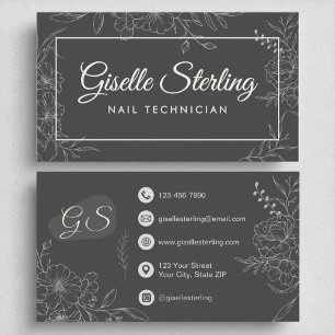 Nail Technician Moody Charcoal Gray Floral Modern Business Card