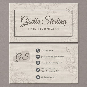 Nail Technician Neutral Linen Floral Elegant Business Card