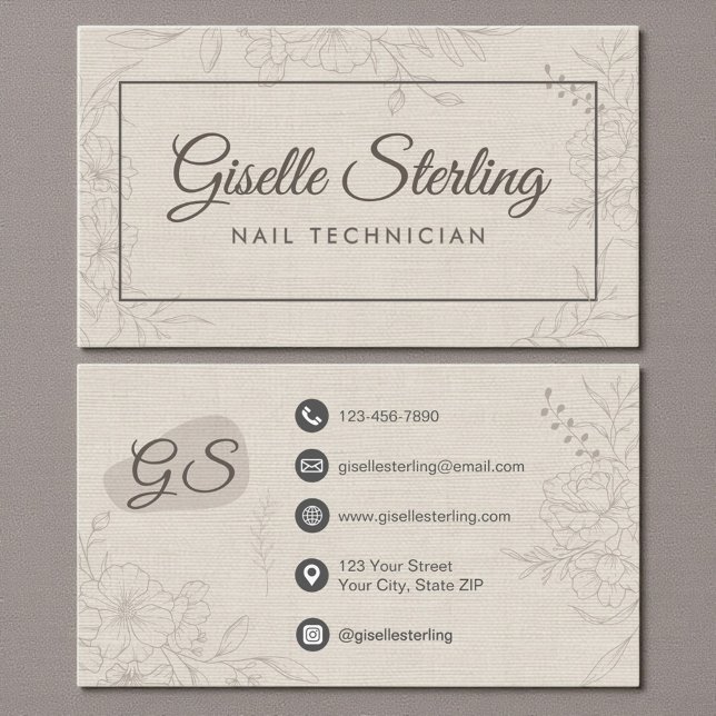 Nail Technician Neutral Linen Floral Elegant Business Card (Creator Uploaded)