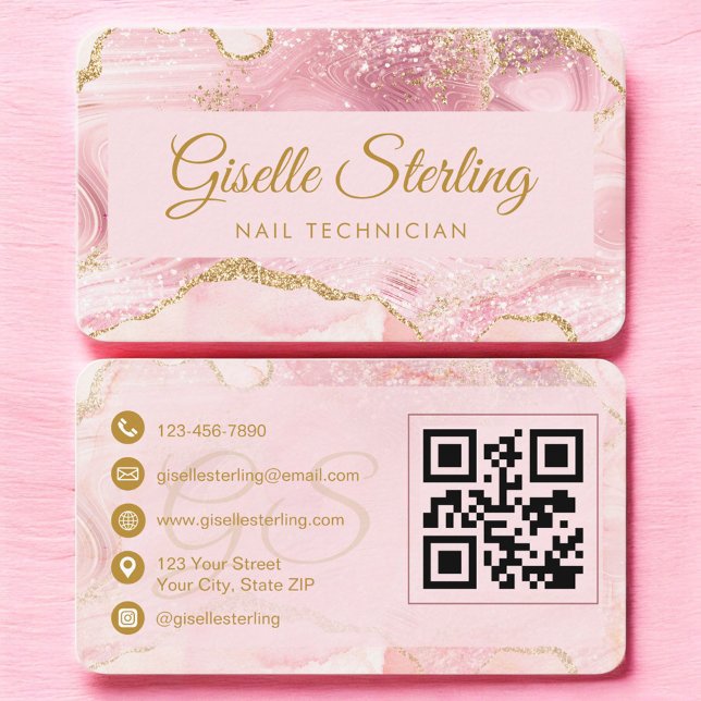 Nail Technician Pink Gold Agate QR Code Business Card (Creator Uploaded)