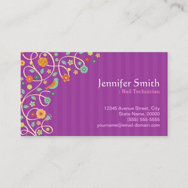 Nail Technician - Purple Nature Theme Business Card (Front)
