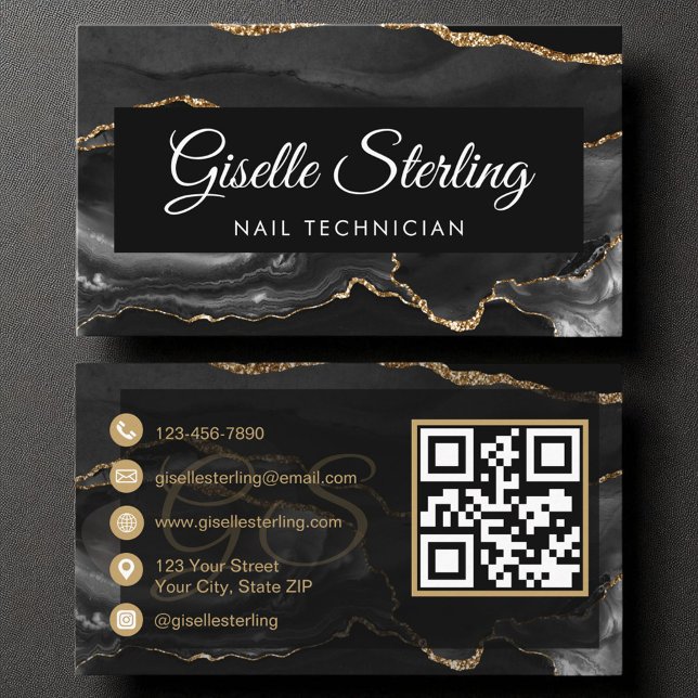 Nail Technician QR Code Black Gold Agate Luxury  Business Card (Creator Uploaded)