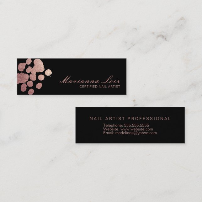 Nail Technician Salon Artist Rose Gold Black Mini Business Card (Front/Back)