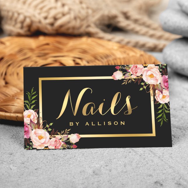 Nail Technician Salon Black Gold Floral Script Business Card (Creator Uploaded)