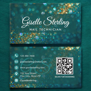 Nail Technician Teal Gold Glitter QR Code Luxury Business Card