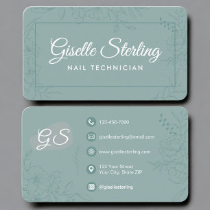 Nail Technician Teal Green Floral Business Card