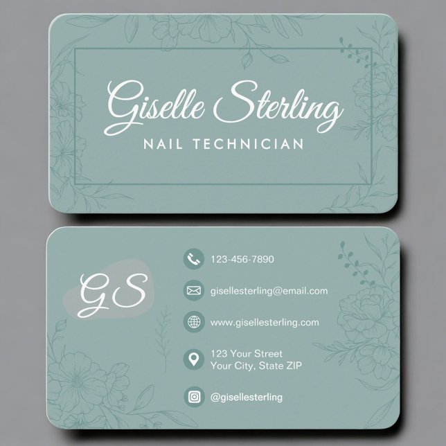 Nail Technician Teal Green Floral Business Card (Creator Uploaded)