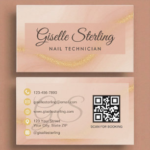Nail Technician Watercolor Gold Monogram QR Code Business Card