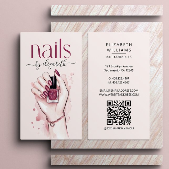 Nail Technician Watercolor QR Code Business Card (Creator Uploaded)