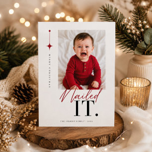 Nailed It Red Script Modern Baby Christmas Photo  Holiday Card