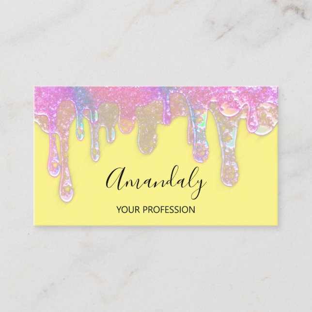 Nails Beauty Logo Drips Holograph Pink Yellow Business Card (Front)