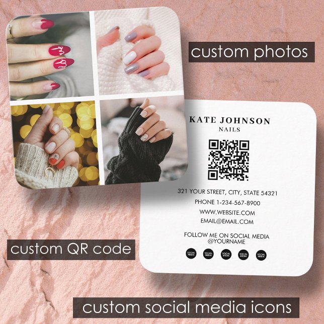 Nails Beauty Salon Nail Artist 4 Photos QR Code Square Business Card (Nails Beauty Salon Nail Artist 4 Photos QR Code Square Business Card)