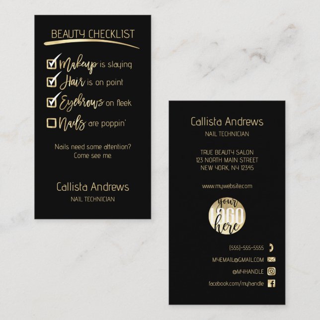 Nails Gold Black Beauty Checklist Business Logo Card (Front/Back)