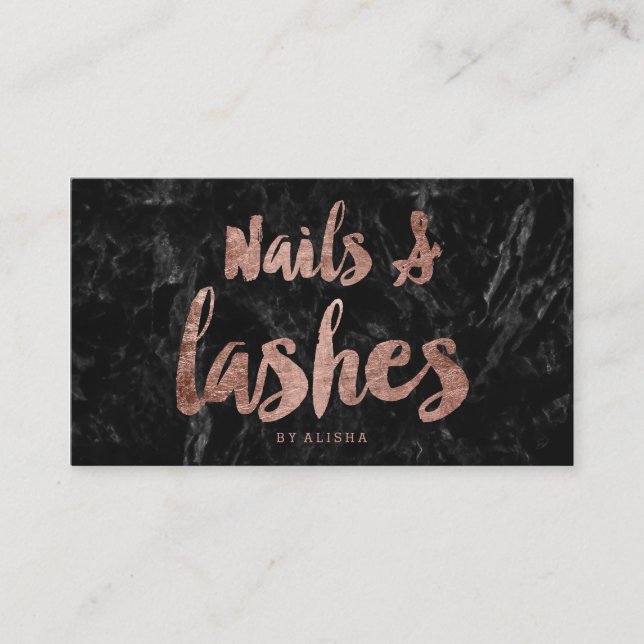 Nails Lashes faux rose gold script black marble Business Card (Front)