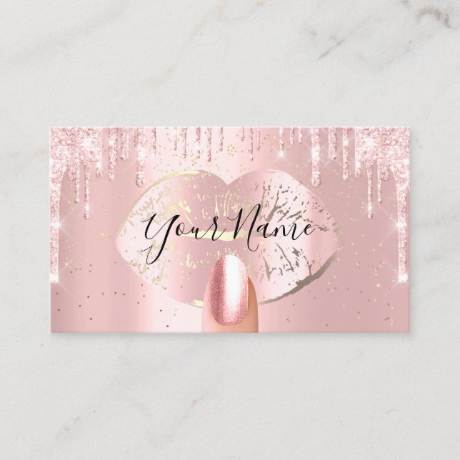 Nails Makeup Artist Rose Drips Kiss Lips Gold Lux Business Card (Front)