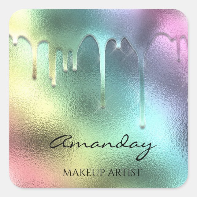 Nails Makeup Artist Rose Lips Pink Holographic Square Sticker (Front)