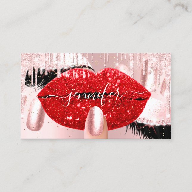 Nails Makeup Artist Rose Red Kiss Lips Pink Lash Business Card (Front)