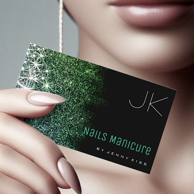 Nails Manicure Luminous Teal Glitter Stars Modern Business Card (Creator Uploaded)