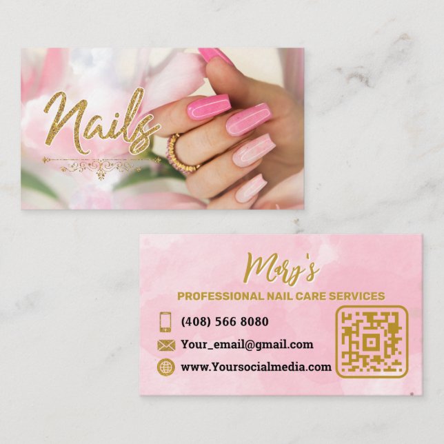 Nails Manicure Minimalist Pink with QR Code Business Card (Front/Back)