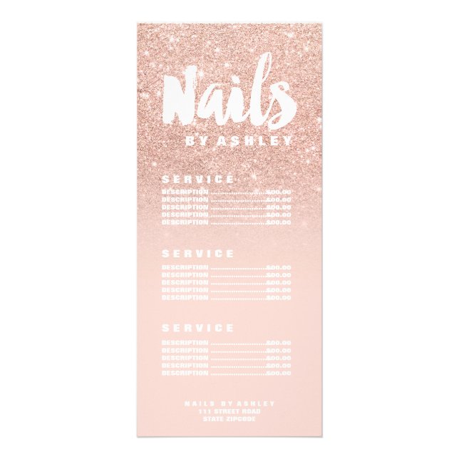 Nails modern typography blush rose gold price list rack card (Front)