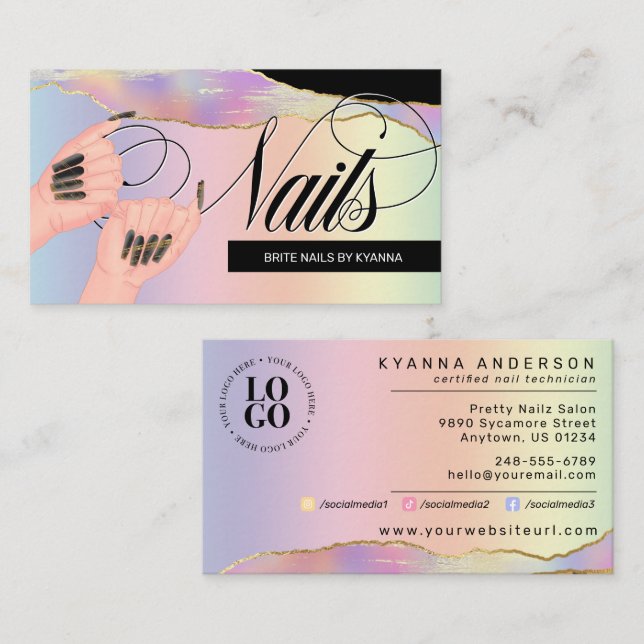 Nails, Nail Tech Holographic Rainbow - Custom Logo Business Card (Front/Back)
