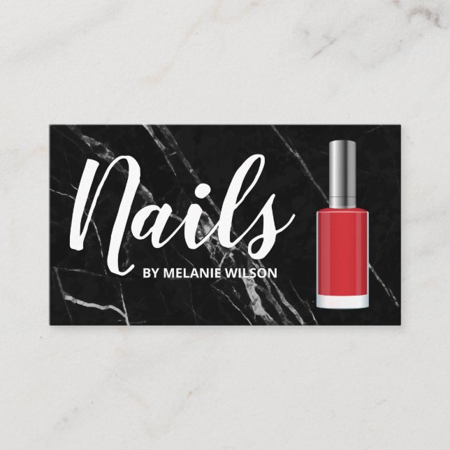 Nails | Red Nail Polish Bottle | Black Marble Business Card (Front)