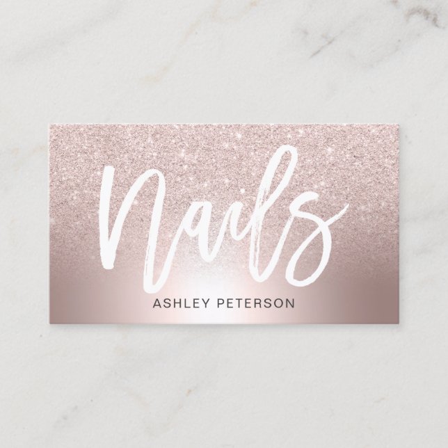 Nails Rose gold glitter ombre metallic foil Business Card (Front)