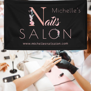 Nails salon custom name floral glitter pink black banner