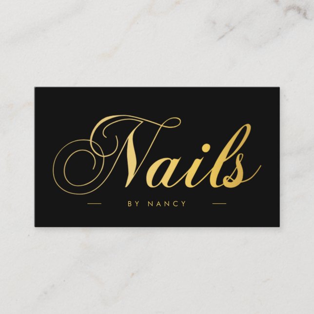 Nails Script Calligraphy Black & Gold  Business Card (Front)