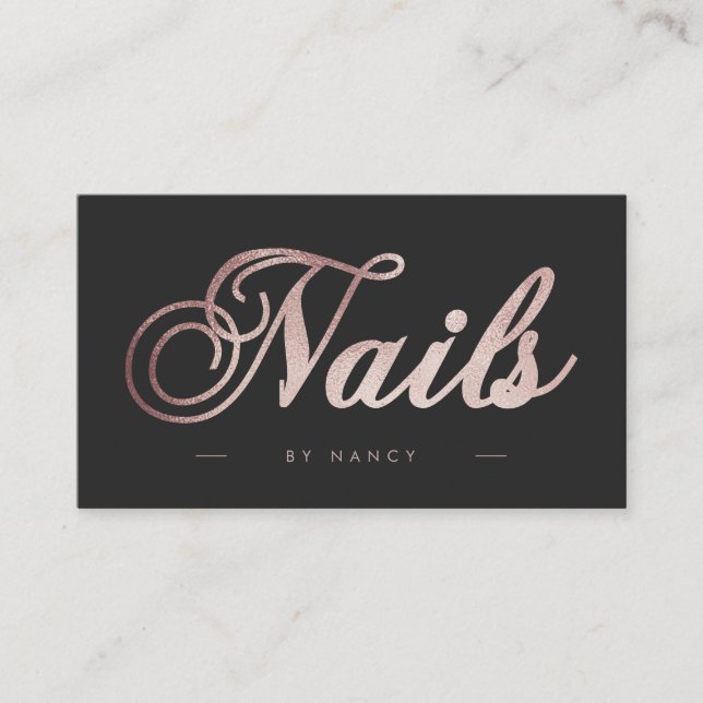 Nails Script Calligraphy Rose Gold Glitter Business Card (Front)