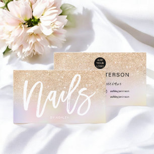 Nails script gold glitter chic holographic business card