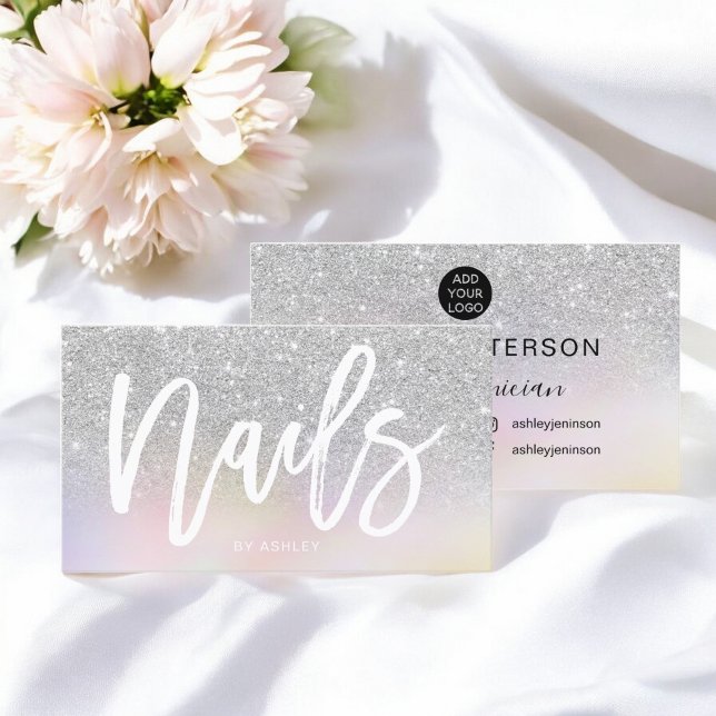 Nails script silver glitter chic holographic business card (Nails script silver glitter chic holographic business card)