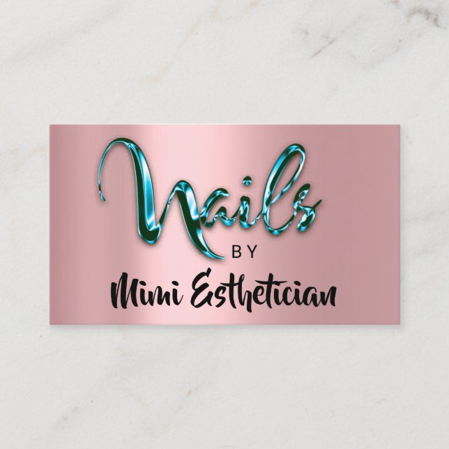 Nails Studio Artist Nails Logo Script Rose Teal Business Card (Front)